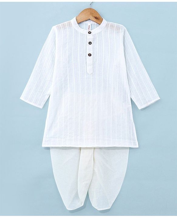 Babyhug 100% Cotton Woven Full Sleeves Handloom Dobby Dhoti Kurta Set - White