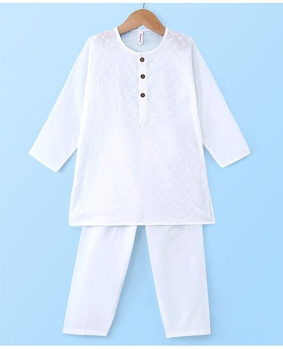 Babyhug Cotton Schiffly Full Sleeves Kurta & Payjama Set - White