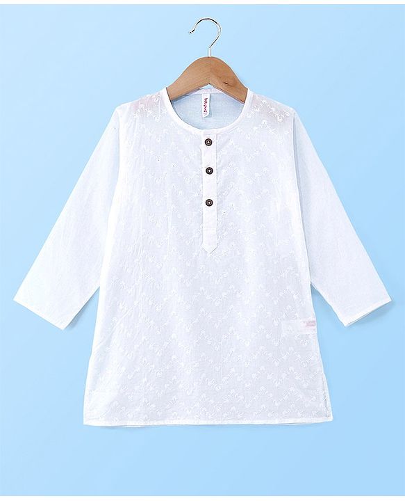 Babyhug Cotton Schiffly Full Sleeves Kurta & Payjama Set - White