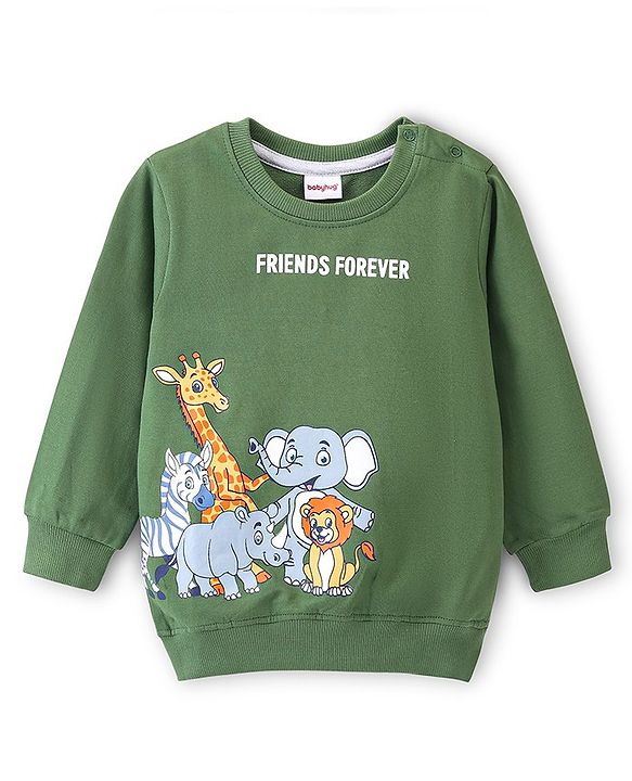 Babyhug 100% Cotton Knit Full Sleeves Sweatshirt With Wild Animals Print - Green