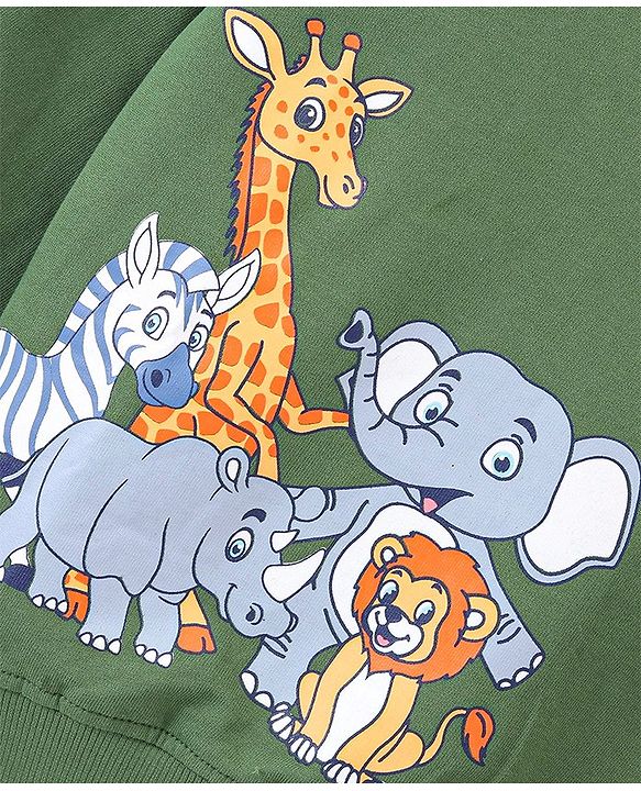 Babyhug 100% Cotton Knit Full Sleeves Sweatshirt With Wild Animals Print - Green
