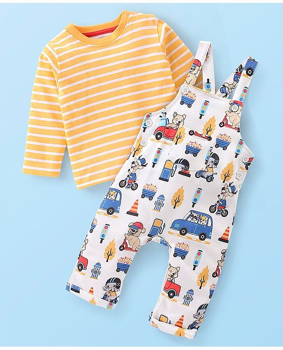 Babyhug 100% Cotton Knit Elephant Print Dungaree with Full Sleeves Stripe Inner Tee - Multicolour