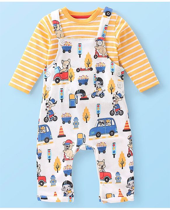 Babyhug 100% Cotton Knit Elephant Print Dungaree with Full Sleeves Stripe Inner Tee - Multicolour