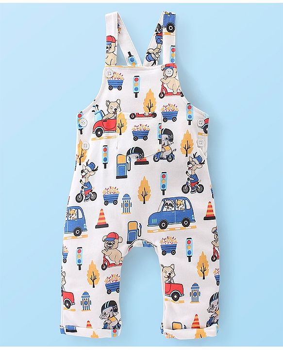 Babyhug 100% Cotton Knit Elephant Print Dungaree with Full Sleeves Stripe Inner Tee - Multicolour