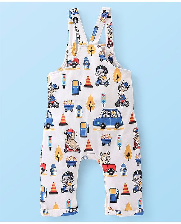 Babyhug 100% Cotton Knit Elephant Print Dungaree with Full Sleeves Stripe Inner Tee - Multicolour