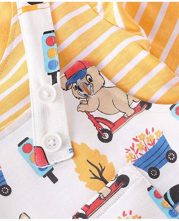 Babyhug 100% Cotton Knit Elephant Print Dungaree with Full Sleeves Stripe Inner Tee - Multicolour