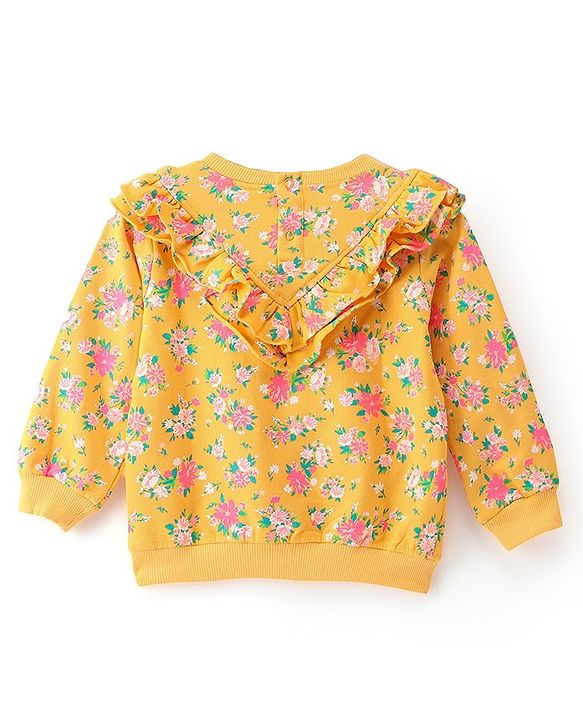 Babyhug 100% Cotton Full Sleeves Sweatshirt With Floral Print & Frill Detailing - Yellow