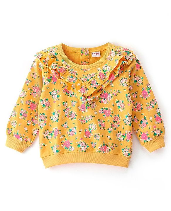 Babyhug 100% Cotton Full Sleeves Sweatshirt With Floral Print & Frill Detailing - Yellow