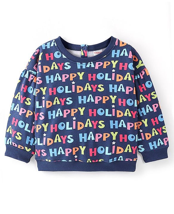 Babyhug 100% Cotton Knit Full Sleeves Sweatshirt With Text Print - Navy Blue