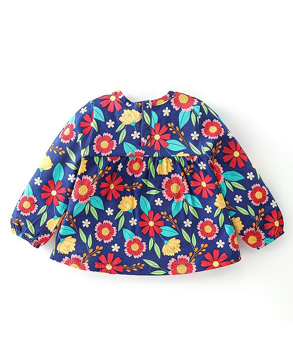 Babyhug Cotton Knit Full Sleeves Floral Printed Top with Tassel Detailing - Navy Blue