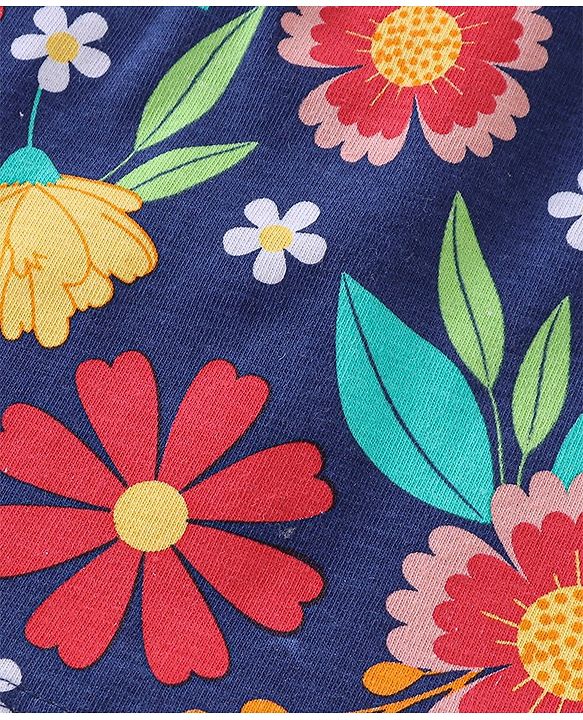 Babyhug Cotton Knit Full Sleeves Floral Printed Top with Tassel Detailing - Navy Blue