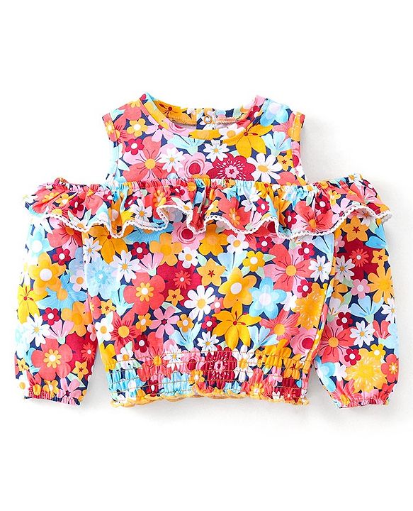 Babyhug 100% Cotton Knit Full Sleeves Cold Shoulder Top with Floral  Print & Lace Detailing - Multicolour