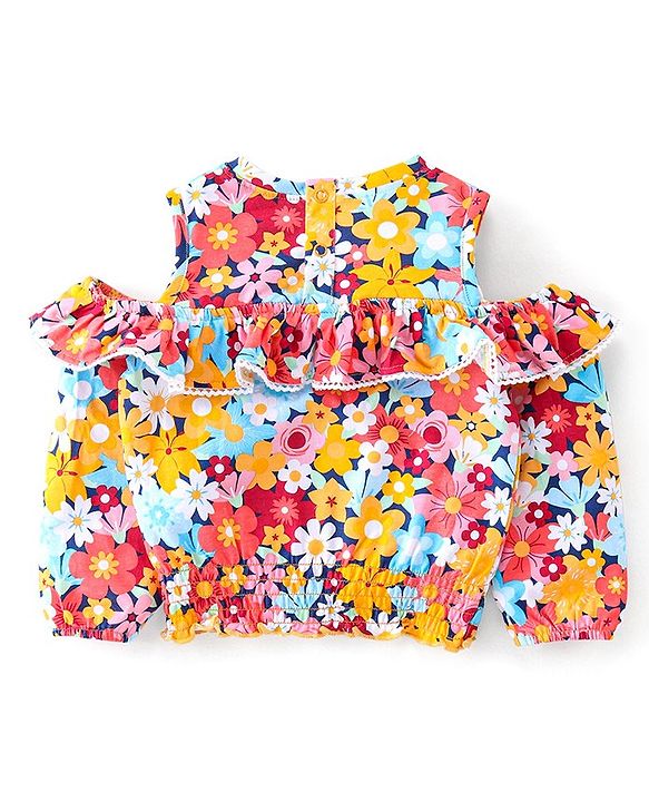Babyhug 100% Cotton Knit Full Sleeves Cold Shoulder Top with Floral  Print & Lace Detailing - Multicolour