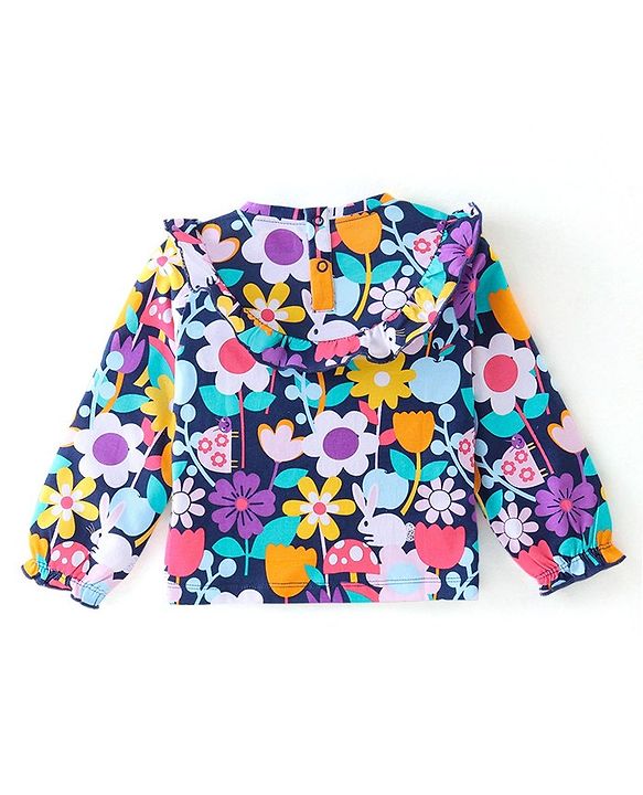 Babyhug Cotton Knit Full Sleeves Top with Floral Print & Frill Detailing - Navy Blue