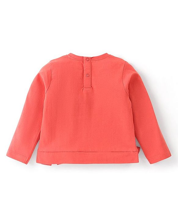 Babyhug 100% Cotton Knit Full Sleeves T-Shirt with Floral Graphics & Bow Detailing - Rust