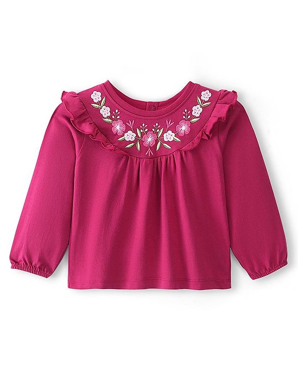 Babyhug Cotton Knit Full Sleeves T-Shirt Floral Embroidery - Red