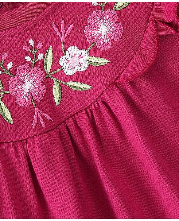 Babyhug Cotton Knit Full Sleeves T-Shirt Floral Embroidery - Red