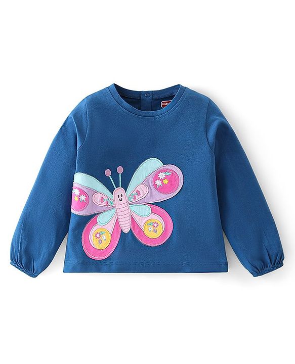 Babyhug 100% Cotton Knit Full Sleeves T-Shirt with Butterfly Graphics & Applique Detailing - Blue
