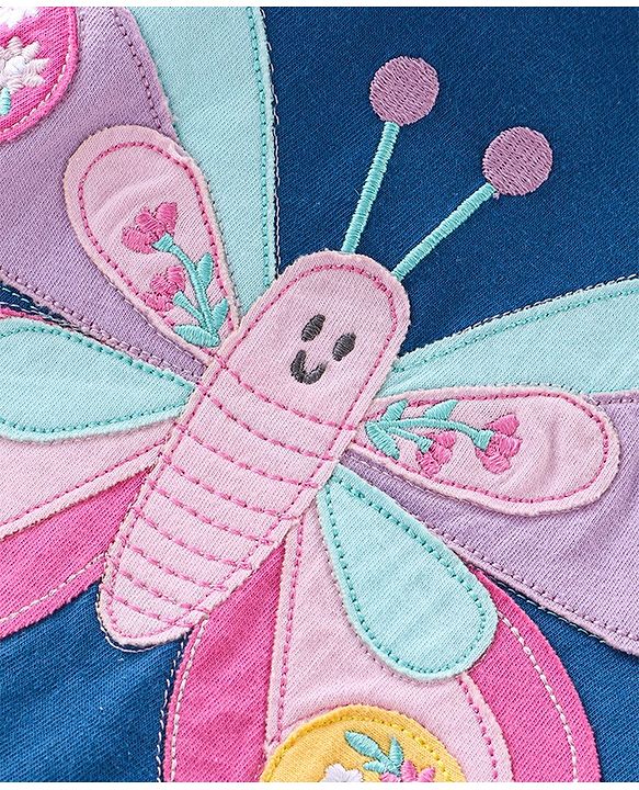 Babyhug 100% Cotton Knit Full Sleeves T-Shirt with Butterfly Graphics & Applique Detailing - Blue