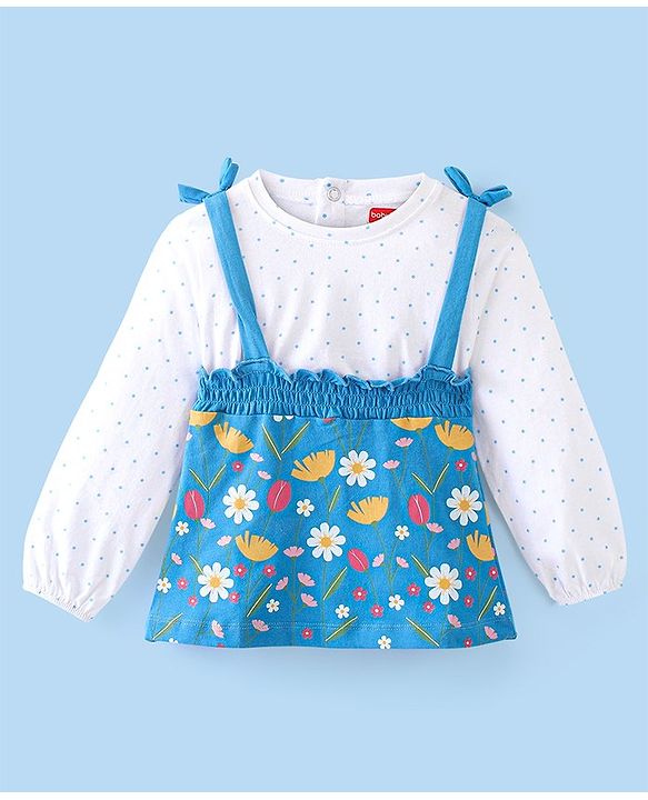 Babyhug 100% Cotton Knit Full Sleeves Overlap T-Shirt with Floral Print & Smocking Detailing - Blue