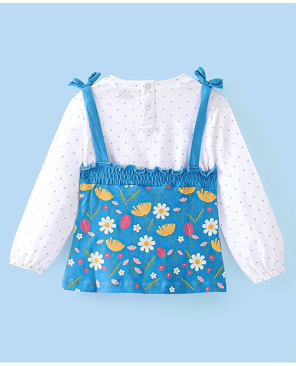 Babyhug 100% Cotton Knit Full Sleeves Overlap T-Shirt with Floral Print & Smocking Detailing - Blue