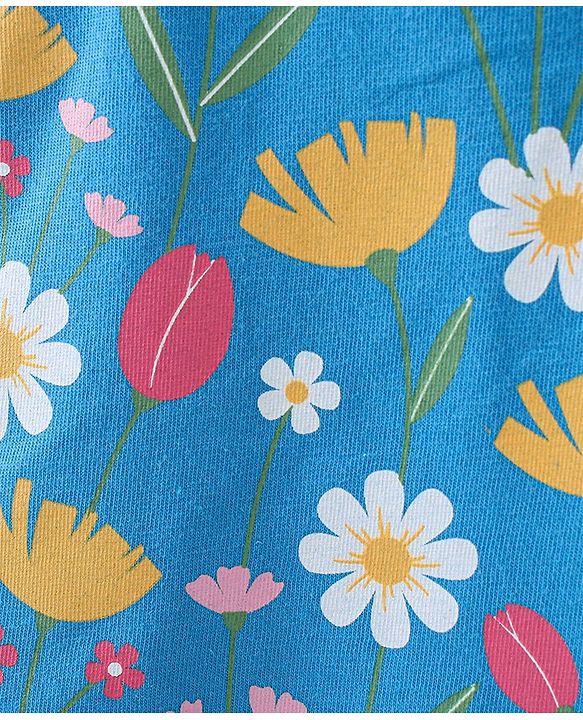 Babyhug 100% Cotton Knit Full Sleeves Overlap T-Shirt with Floral Print & Smocking Detailing - Blue