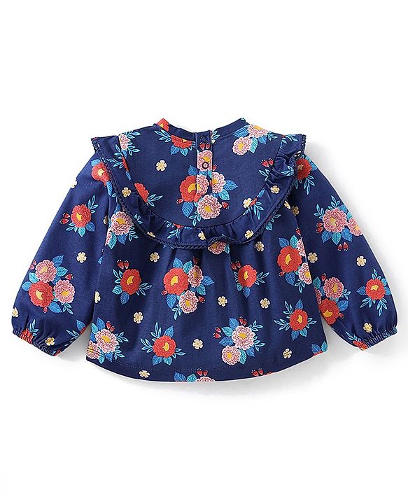 Babyhug Cotton Knit Full Sleeves Top with Floral Print - Navy Blue