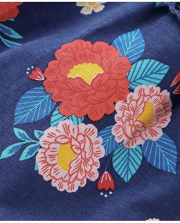 Babyhug Cotton Knit Full Sleeves Top with Floral Print - Navy Blue