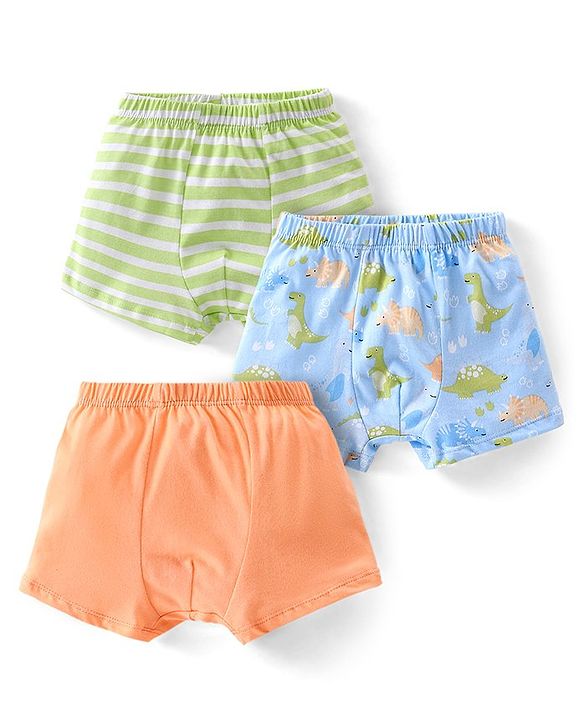 Babyhug 100% Cotton Trunk Striped & Dino Print Pack Of 3 - Green Blue & Orange