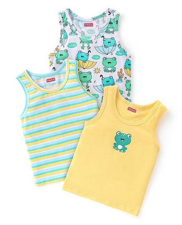 Babyhug 100% Cotton Sleeveless Sando Froggy Printed Pack of 3 - Blue Green & Yellow