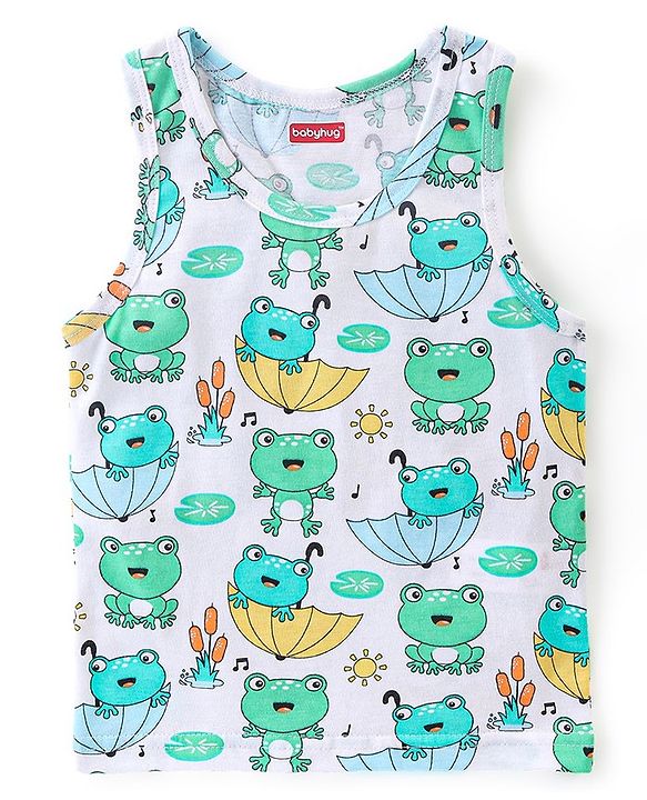 Babyhug 100% Cotton Sleeveless Sando Froggy Printed Pack of 3 - Blue Green & Yellow