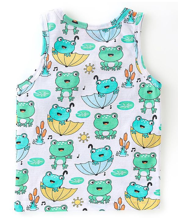 Babyhug 100% Cotton Sleeveless Sando Froggy Printed Pack of 3 - Blue Green & Yellow