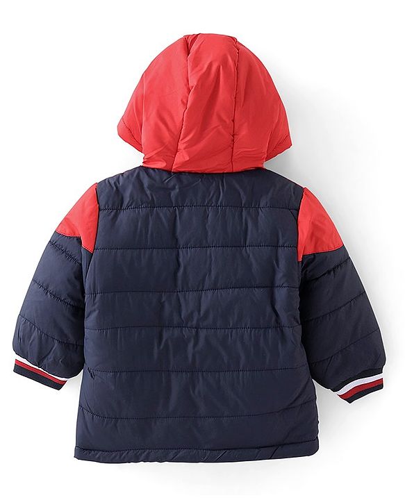 Babyhug Woven Full Sleeves Hooded Jacket With Solid Colour - Red White & Blue