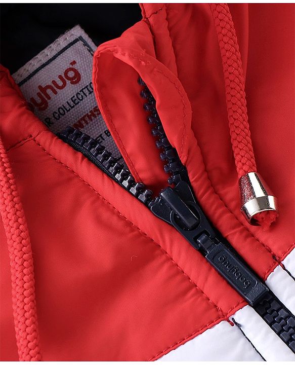 Babyhug Woven Full Sleeves Hooded Jacket With Solid Colour - Red White & Blue