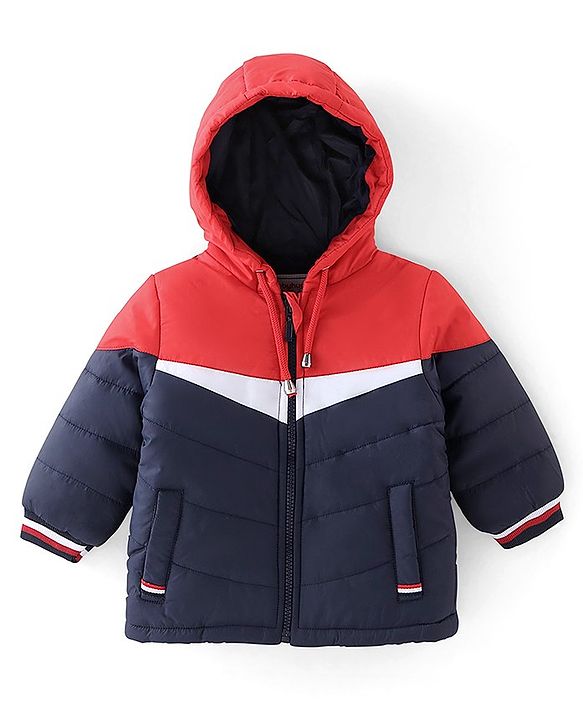 Babyhug Woven Full Sleeves Hooded Jacket With Solid Colour - Red White & Blue