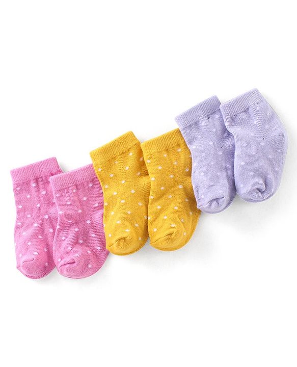 Cute Walk By Babyhug Cotton Knit Anti Bacterial Ankle Length Socks Polka Dot Design Pack Of 3 - Pink Yellow & Purple