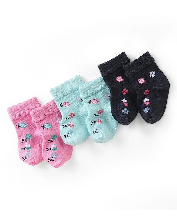 Cute Walk by Babyhug Knit Ankle Length Anti Bacterial Socks Floral Design - Multicolor