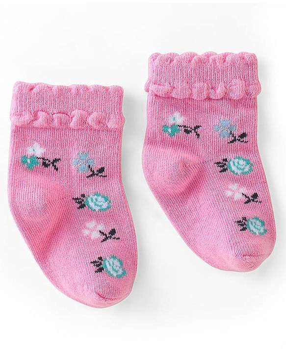 Cute Walk by Babyhug Knit Ankle Length Anti Bacterial Socks Floral Design - Multicolor