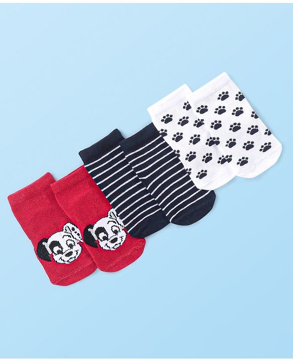 Cute Walk by Babyhug Cotton Knit Anti-Bacterial Ankle Length Dalmatians & Paw Design Socks Pack of 3 - Multicolour