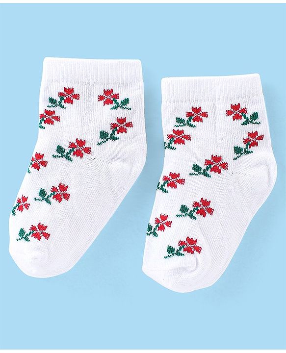 Cute Walk By Babyhug Cotton Knit Anti Bacterial Ankle Length Socks Stripes & Floral Design Pack Of 5 - Red Blue & White