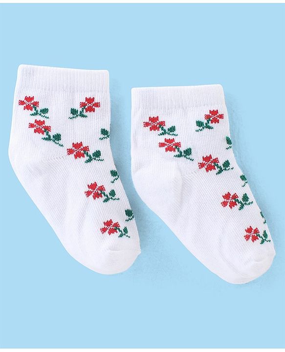 Cute Walk By Babyhug Cotton Knit Anti Bacterial Ankle Length Socks Stripes & Floral Design Pack Of 5 - Red Blue & White