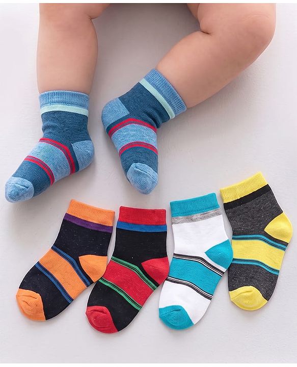Cute Walk by Babyhug Cotton Knit Ankle Length Anti Bacterial Socks Stripe Design Pack of 5 - Multicolor