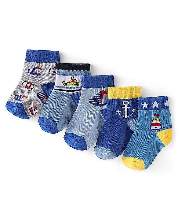 Cute Walk by Babyqhug Anti-Bacterial Ankle Length Ship Design Socks Pack of 5 - Multicolour