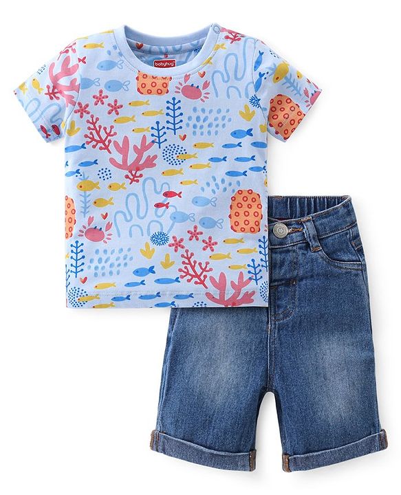Babyhug Half Sleeves T-Shirt & Denim Shorts Set Marine Life Print - Multicolor & Blue