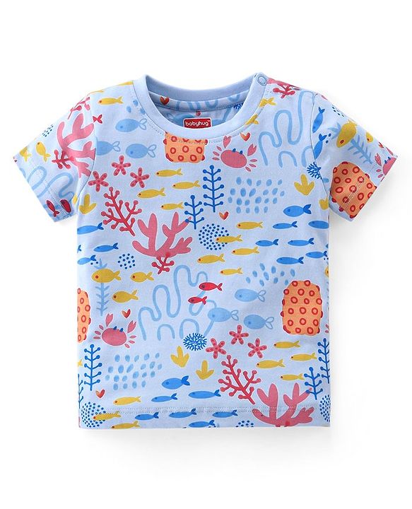 Babyhug Half Sleeves T-Shirt & Denim Shorts Set Marine Life Print - Multicolor & Blue