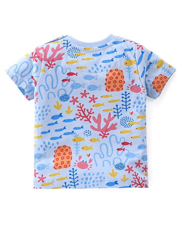 Babyhug Half Sleeves T-Shirt & Denim Shorts Set Marine Life Print - Multicolor & Blue