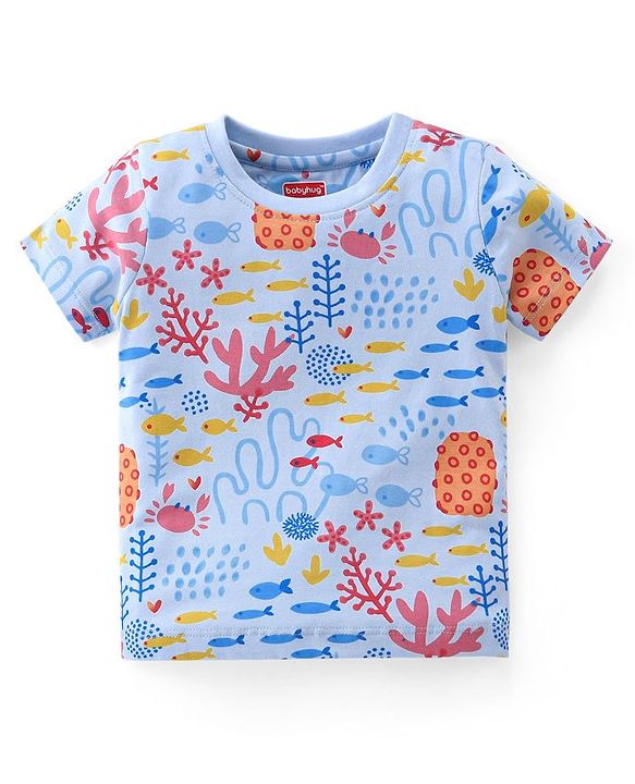 Babyhug Half Sleeves T-Shirt & Denim Shorts Set Marine Life Print - Multicolor & Blue