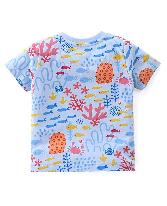 Babyhug Half Sleeves T-Shirt & Denim Shorts Set Marine Life Print - Multicolor & Blue