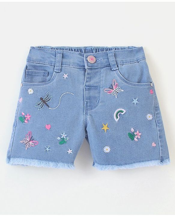 Babyhug Cotton Spandex Mid Thigh Length Washed Stretchable Shorts Nature Embroidery Blue (Fly With Zipper)