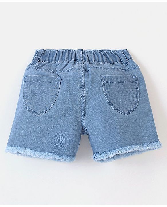 Babyhug Cotton Spandex Mid Thigh Length Washed Stretchable Shorts Nature Embroidery Blue (Fly With Zipper)